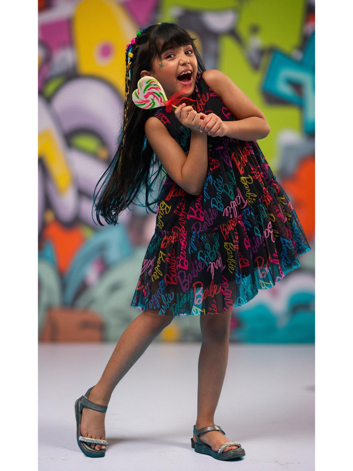 Rainbow Barbie Black Fit & Flare Party Dress for Girls