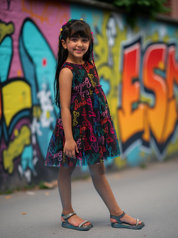 Rainbow Barbie Black Fit & Flare Party Dress for Girls