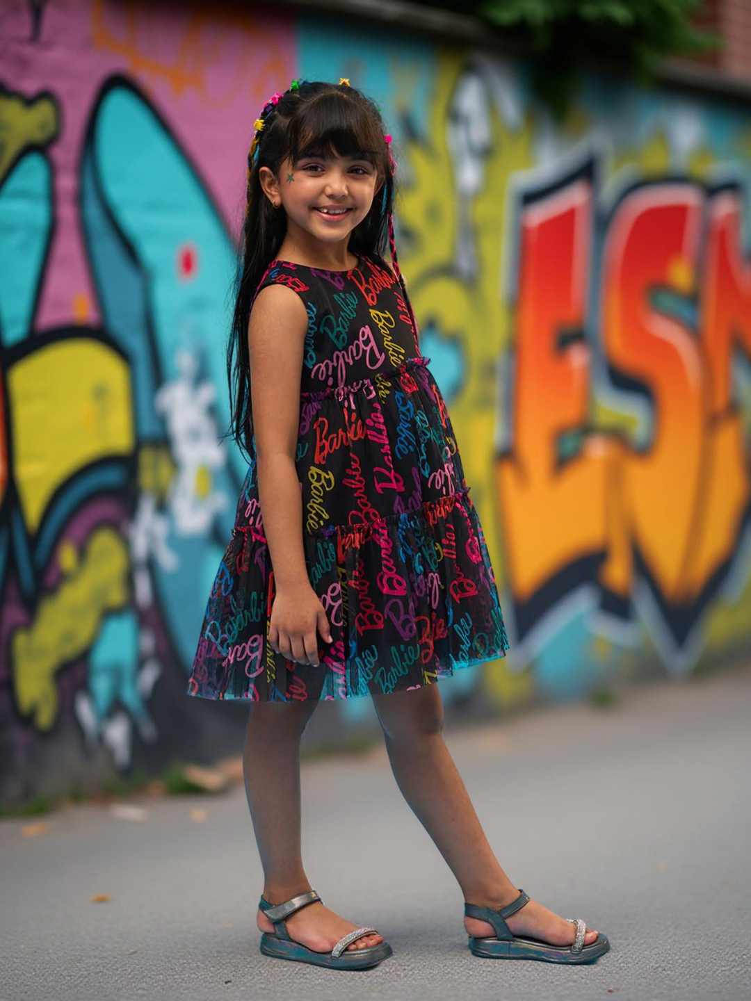 Rainbow Barbie Black Fit & Flare Party Dress for Girls