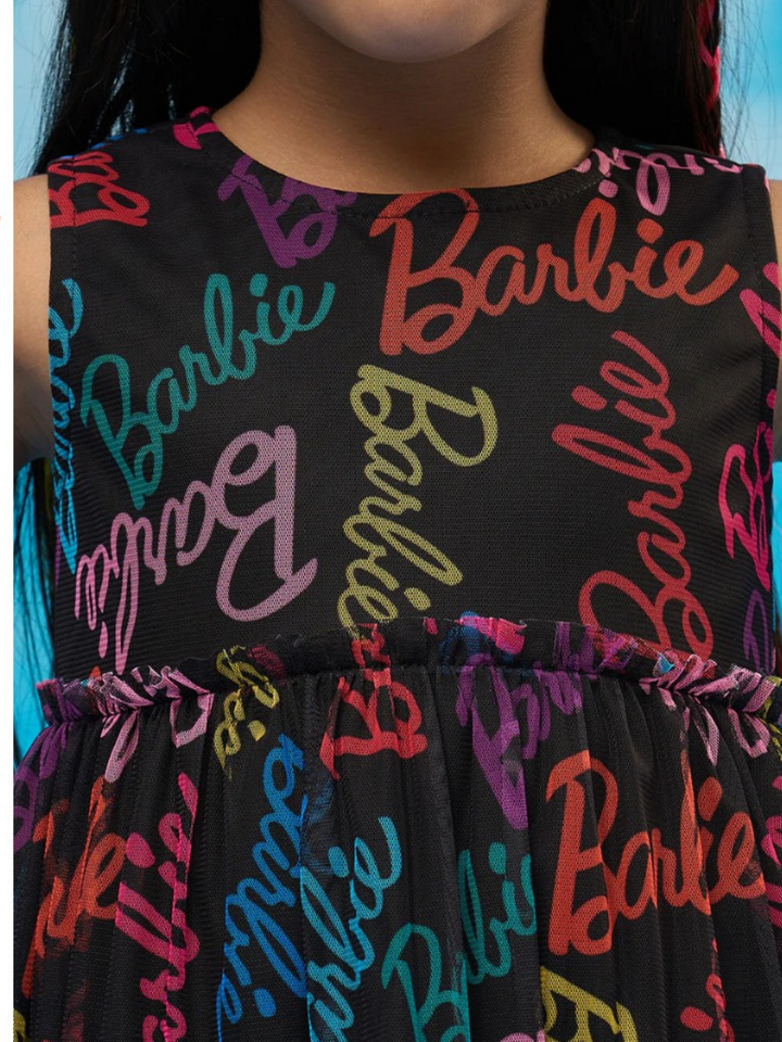 Rainbow Barbie Black Fit & Flare Party Dress for Girls