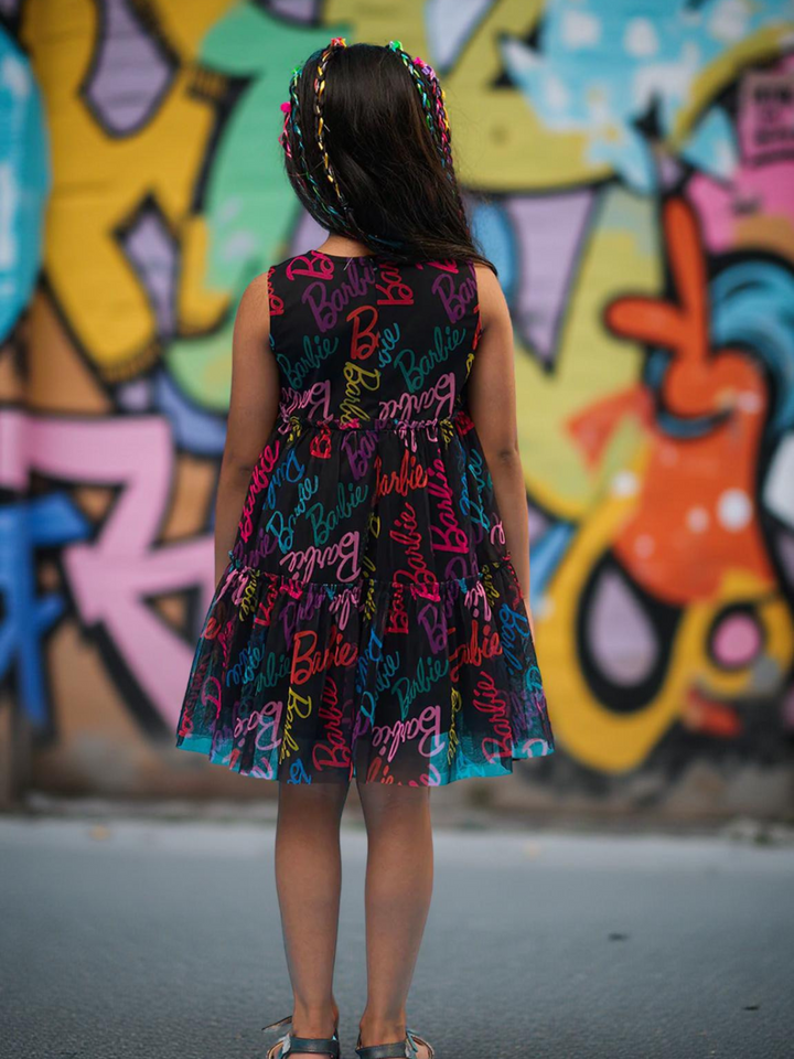 Rainbow Barbie Black Fit & Flare Party Dress for Girls