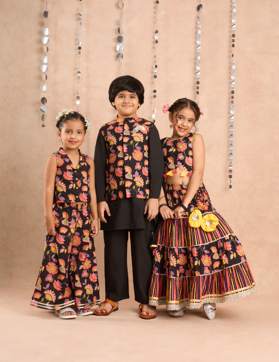 Jaipur Girls Black Cotton Ethnic Co-ord Set