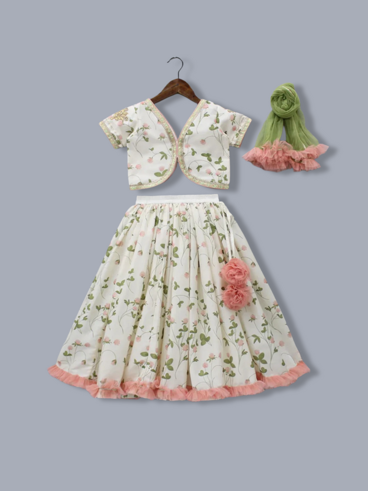 Girls Floral Printed Crop Top with Lehenga & Net Dupatta