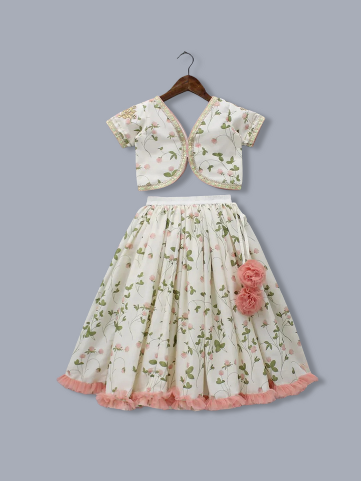 Girls Floral Printed Crop Top with Lehenga & Net Dupatta