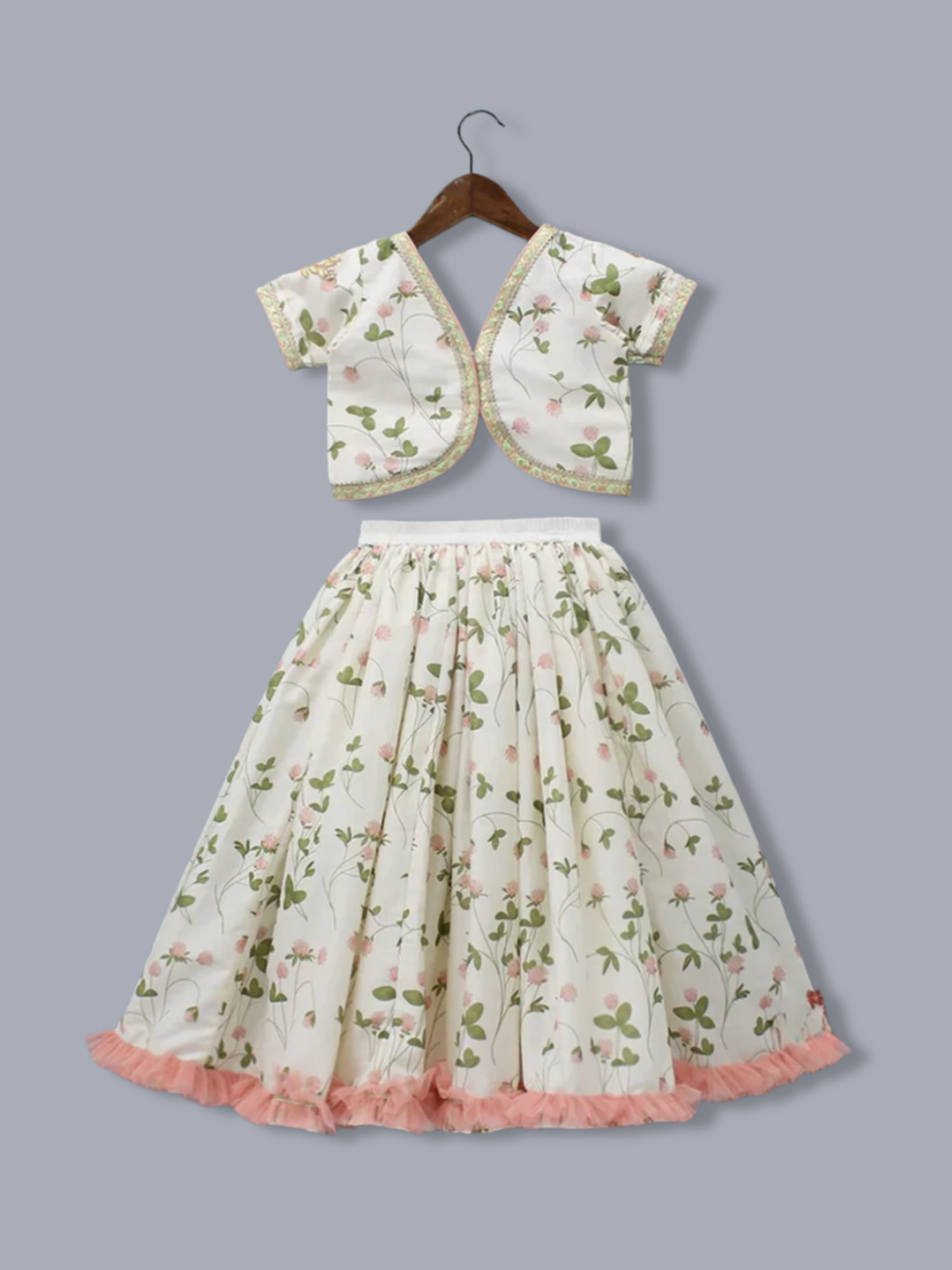 Girls Floral Printed Crop Top with Lehenga & Net Dupatta