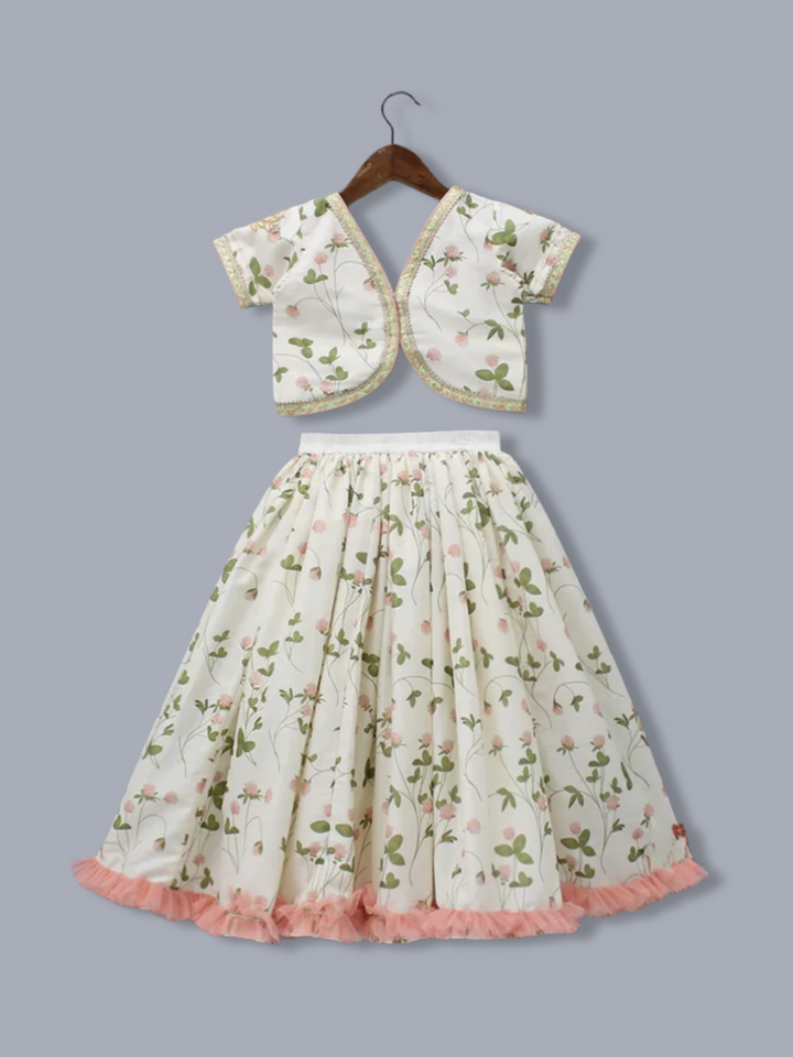 Girls Floral Printed Crop Top with Lehenga & Net Dupatta
