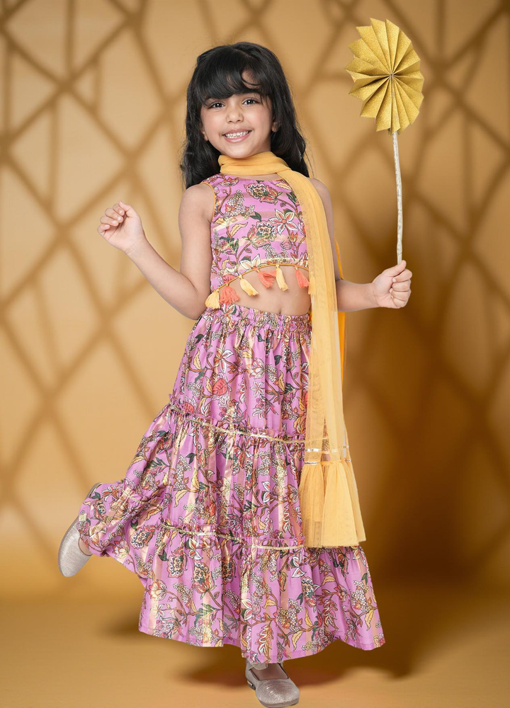Golden Weaves Girls Purple Lehenga Choli Set with Dupatta