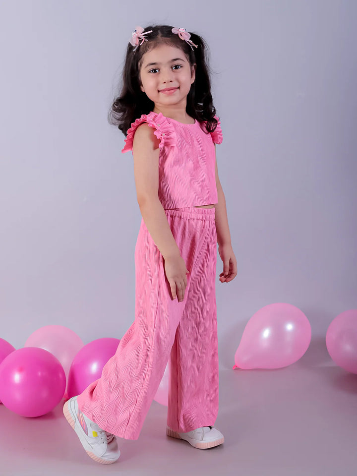 Girls Pink Frill Shoulder Top & Pant Party Co-ord Set