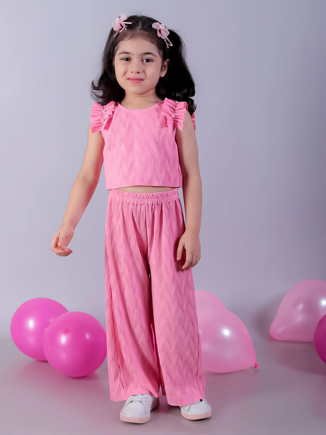 Girls Pink Frill Shoulder Top & Pant Party Co-ord Set