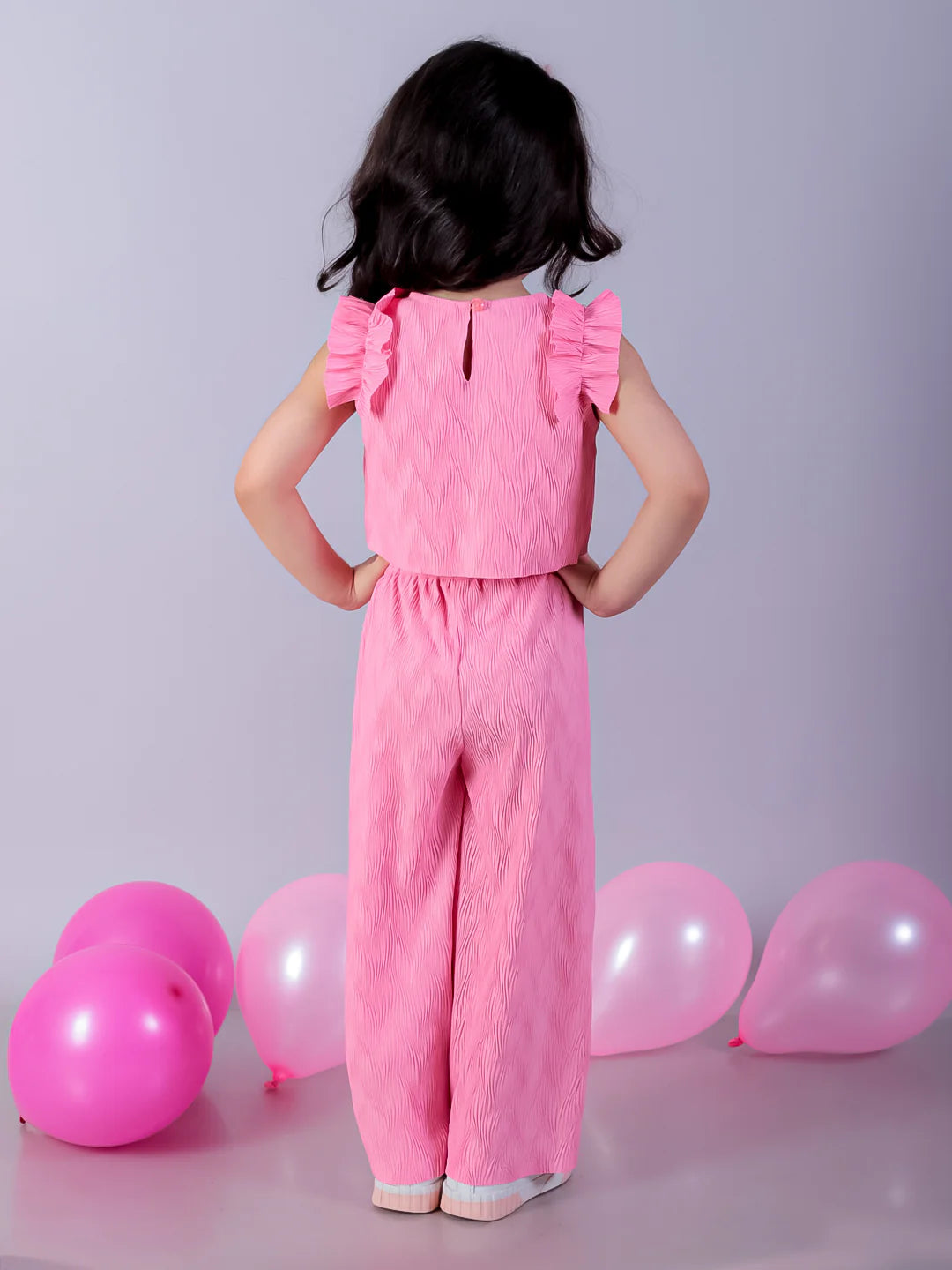 Girls Pink Frill Shoulder Top & Pant Party Co-ord Set