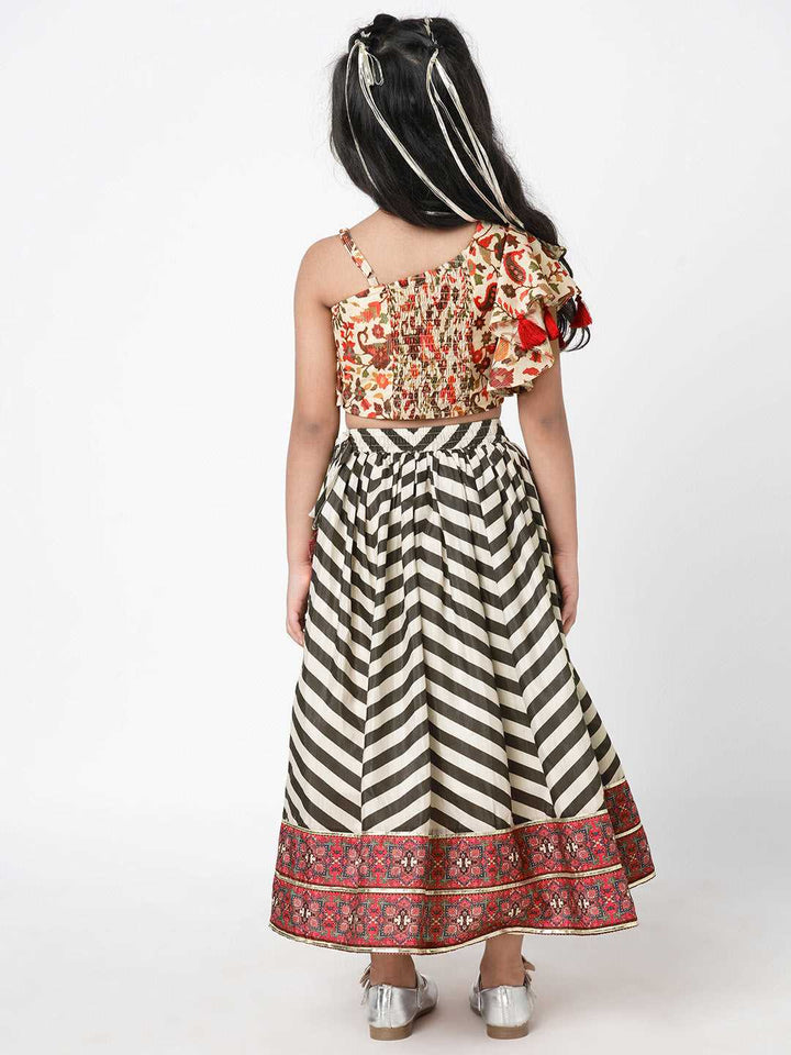 Girls Black & White Striped Hand Embroidered Lehenga Choli