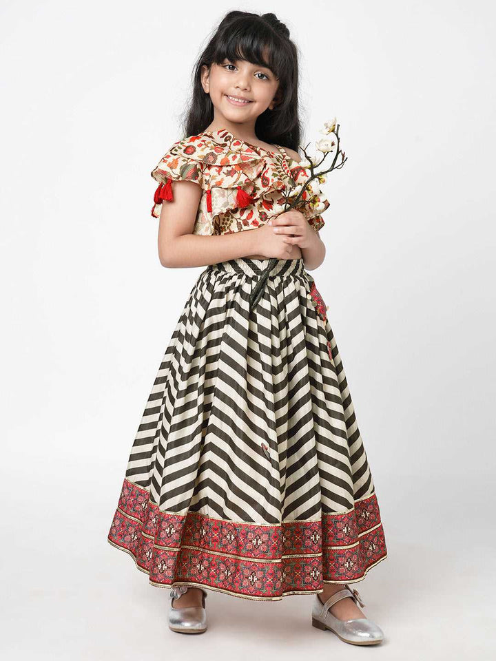 Girls Black & White Striped Hand Embroidered Lehenga Choli