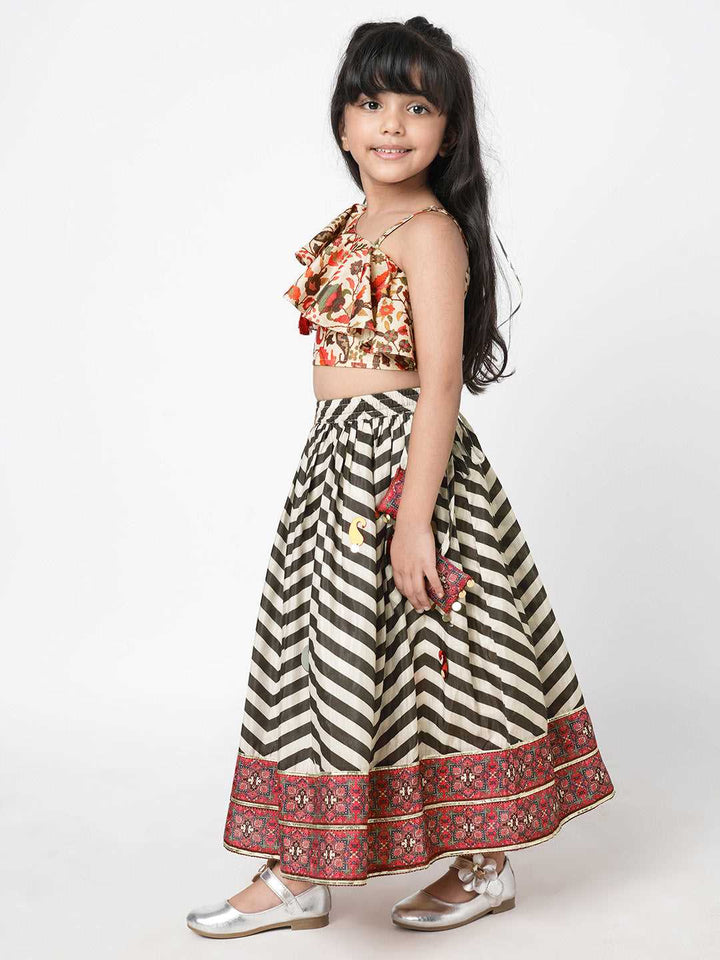 Girls Black & White Striped Hand Embroidered Lehenga Choli