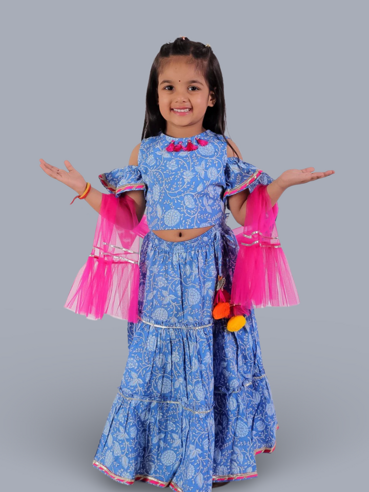 Girls Ethnic Folklore Printed Cotton Lehenga Choli Set with Dupatta