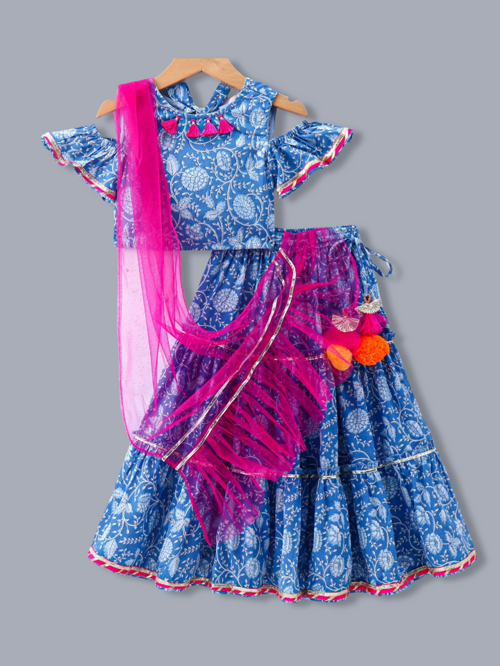 Girls Ethnic Folklore Printed Cotton Lehenga Choli Set with Dupatta