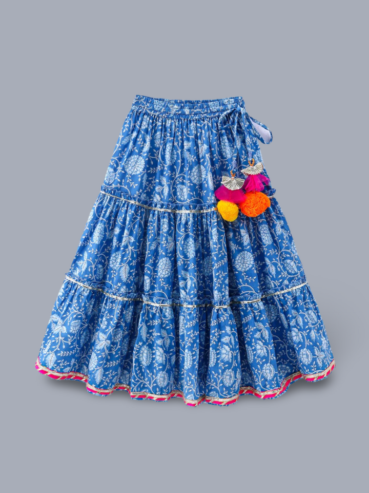 Girls Ethnic Folklore Printed Cotton Lehenga Choli Set with Dupatta